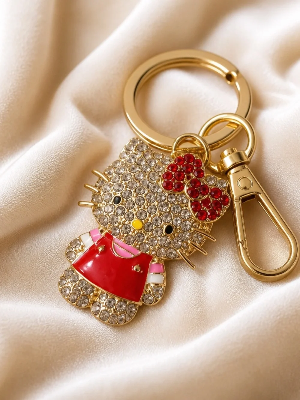 Gold-Tone Crystal Cat Key Charm in Red